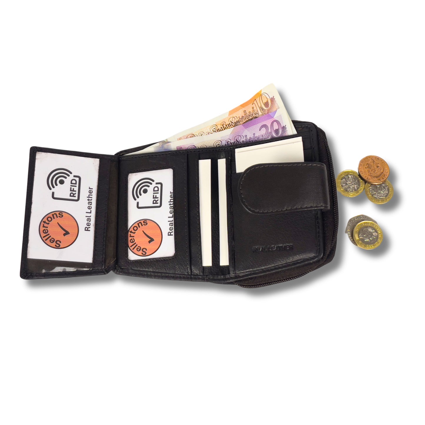 Brown RFID ladies' purse with open interior, showing compartments for cards and cash