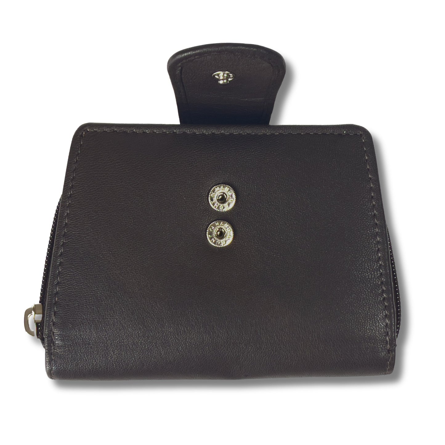 Brown RFID ladies' purse with secure popper closure in soft Nappa leather