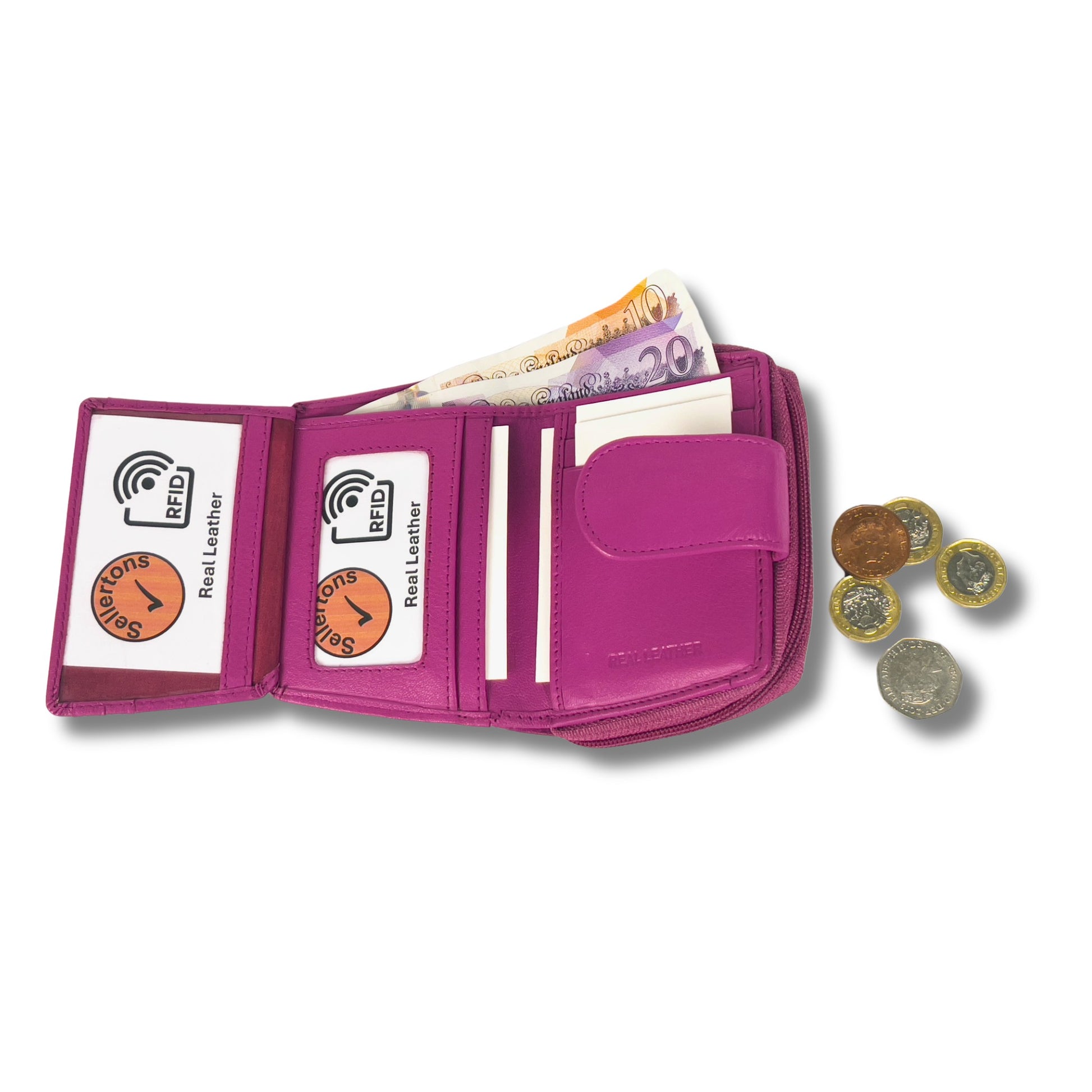 Cerise pink RFID ladies' purse with open interior, showing compartments for cards and cash