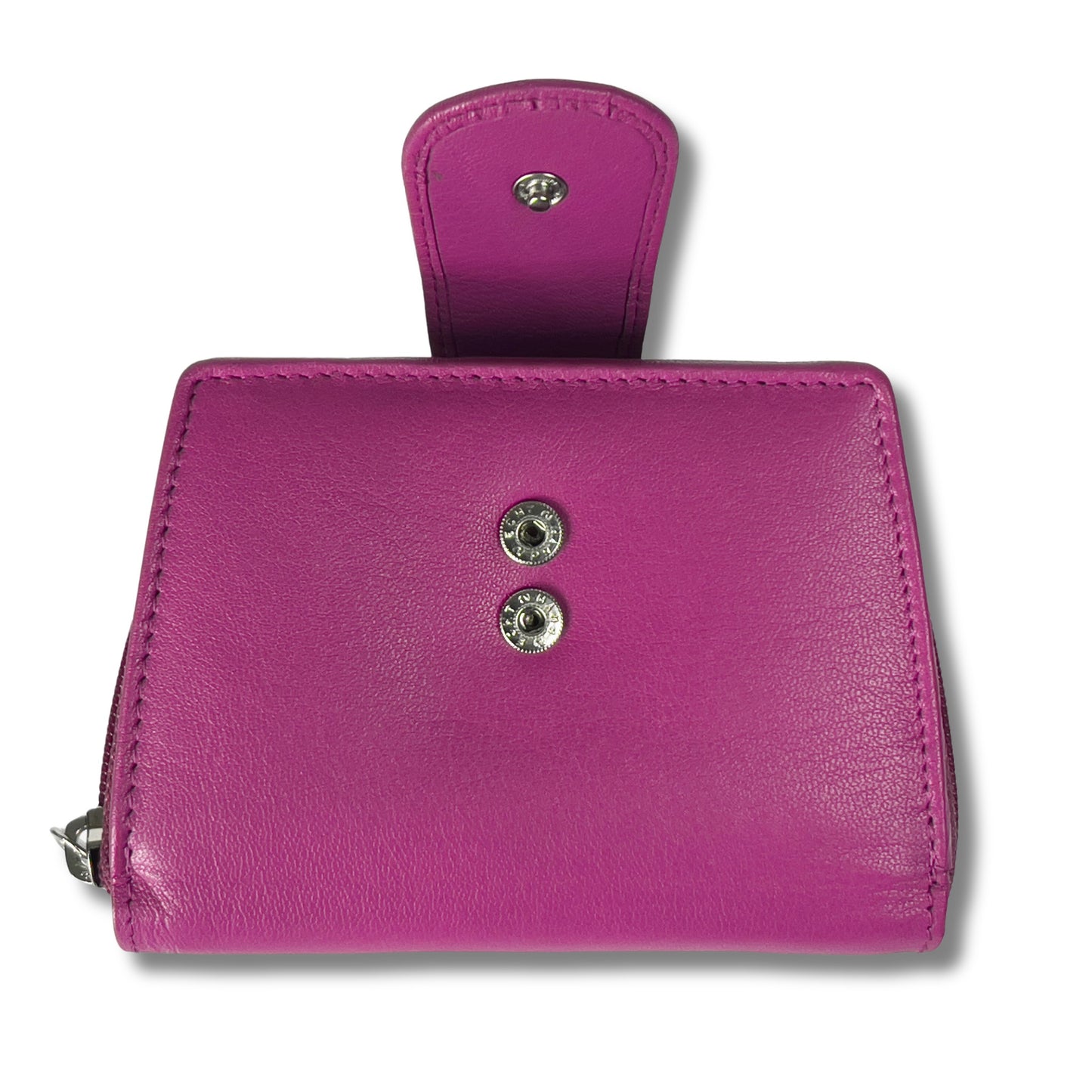 Cerise pink RFID ladies' purse with secure popper closure in soft Nappa leather