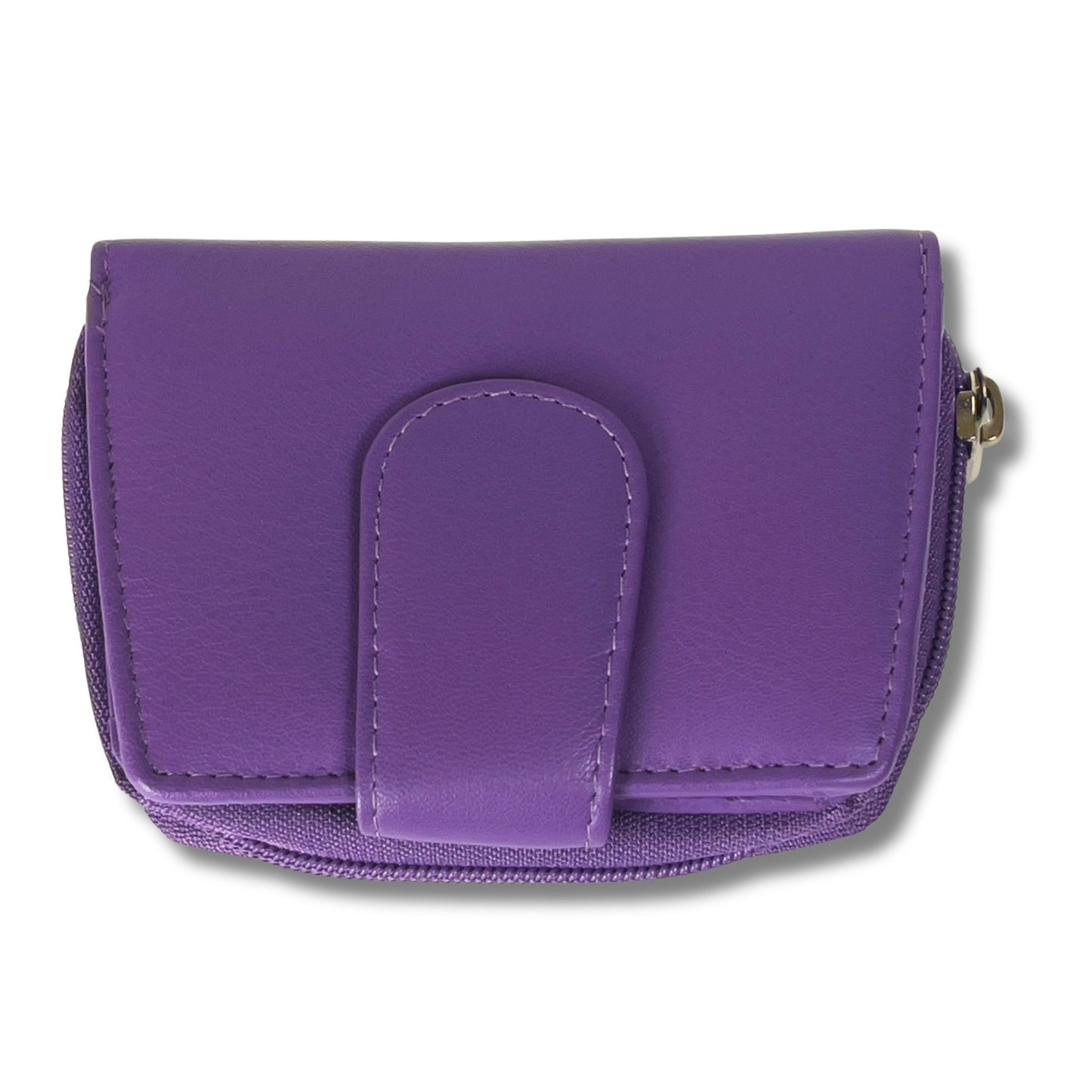 Top view of a dark purple ladies purse with RFID protection and soft Nappa leather