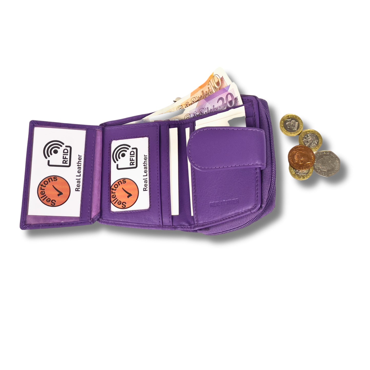 Open interior view showing compartments of a dark purple Nappa leather ladies purse