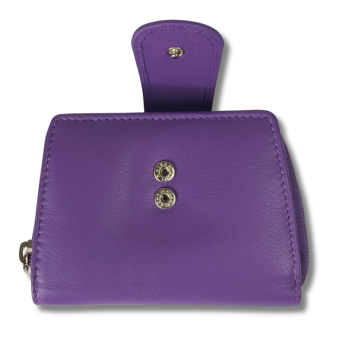 View of a dark purple RFID ladies purse with open poppers and secure closure