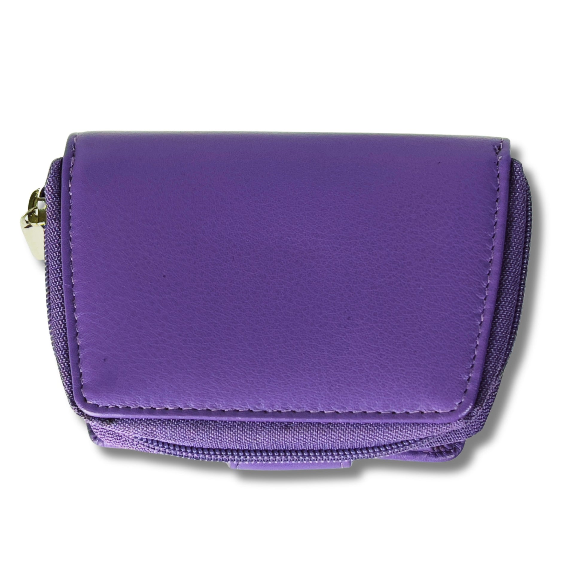 Under view showing the craftsmanship of a dark purple RFID ladies purse