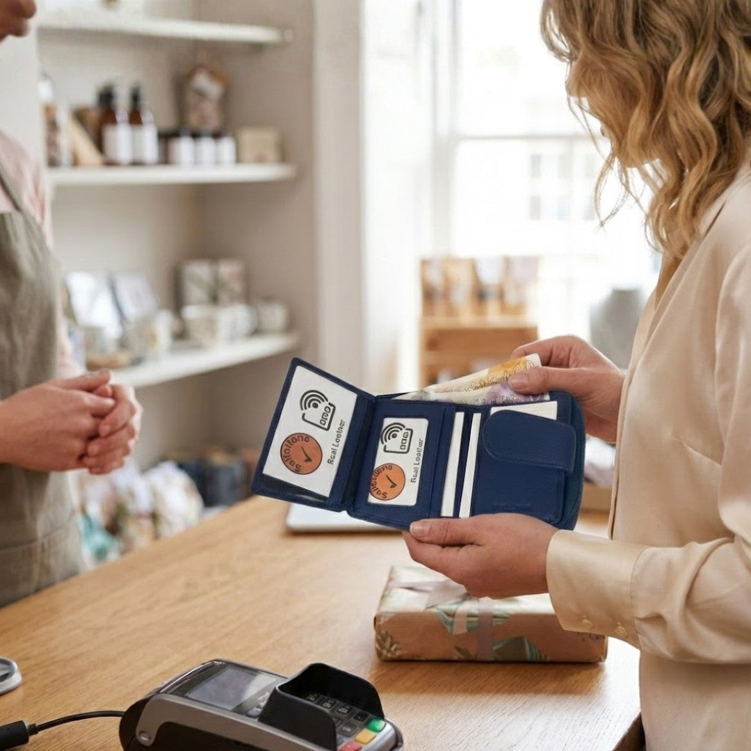 Navy blue soft Nappa RFID ladies purse displayed outdoors in a festive night setting with warm Christmas lighting