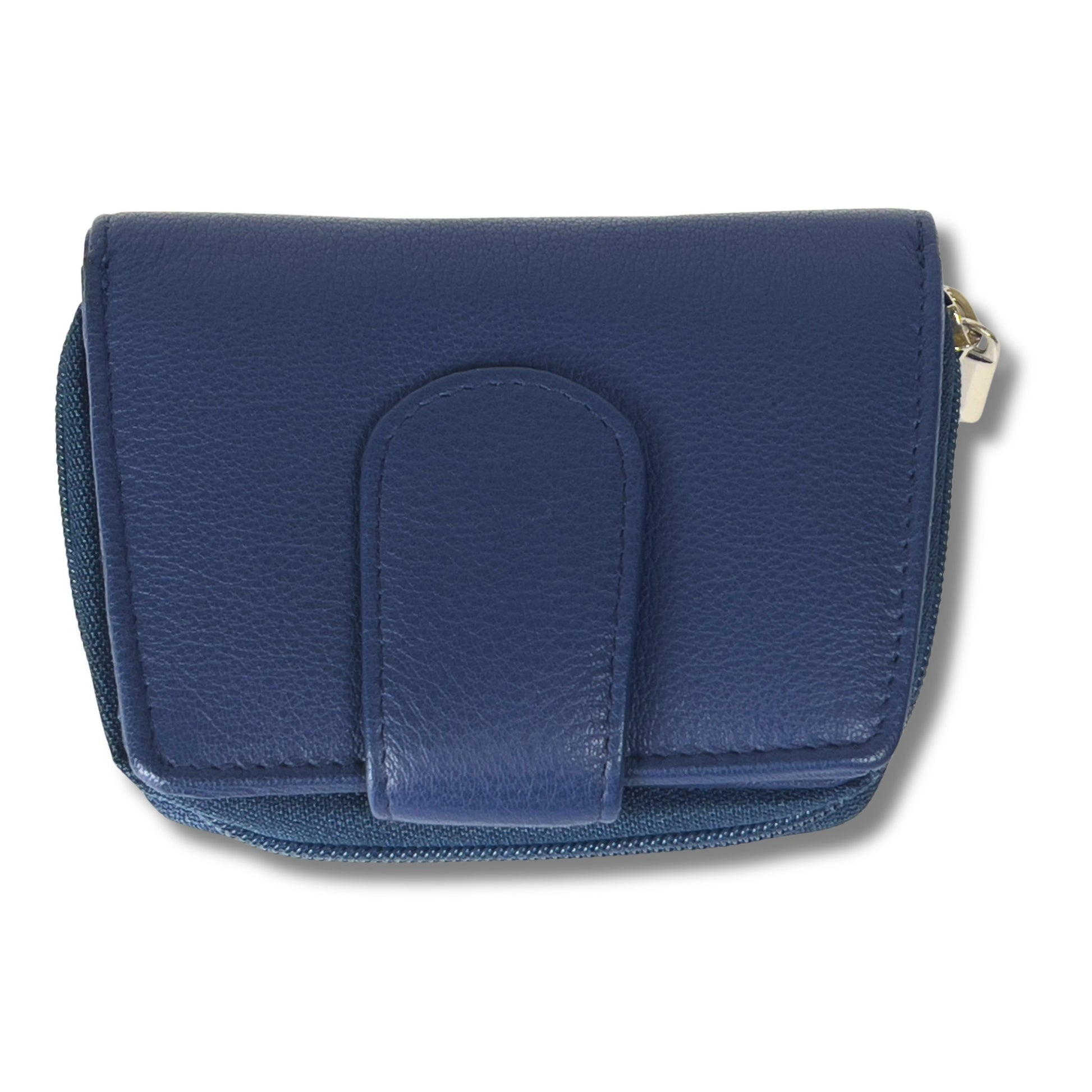Top view of a navy blue ladies purse with RFID protection and soft Nappa leather