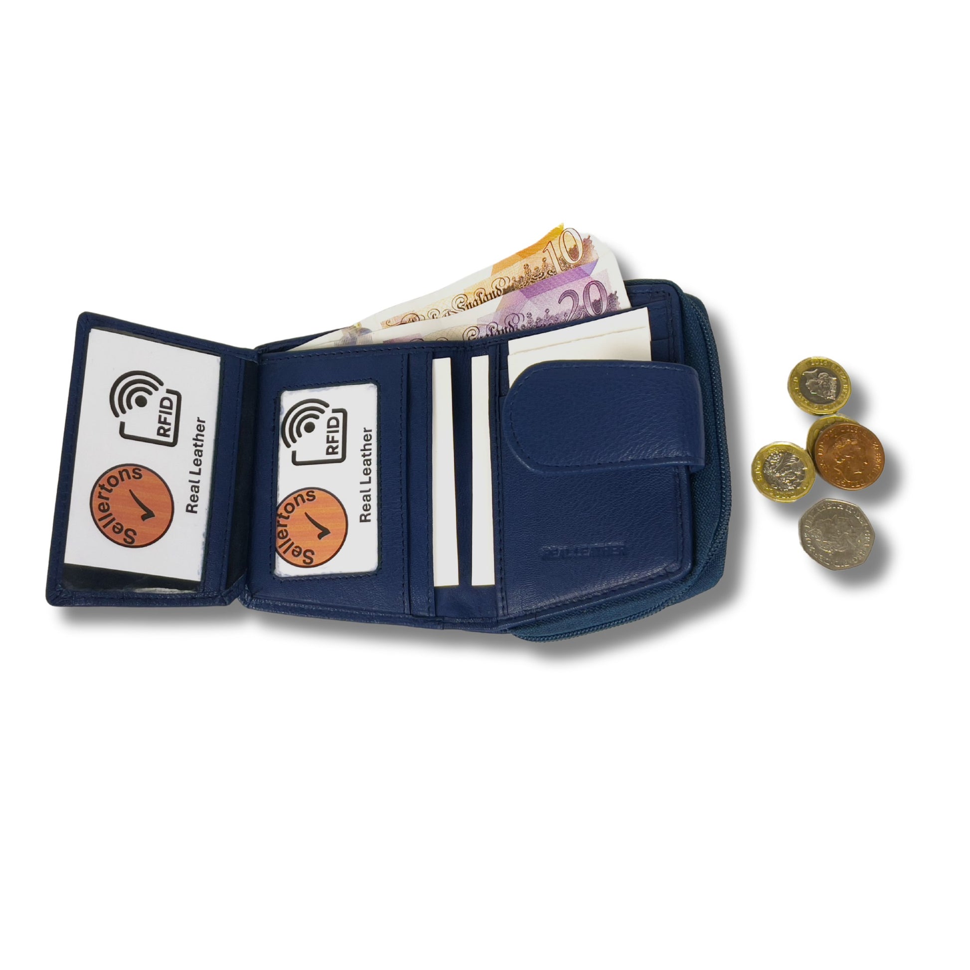 Open interior view showing compartments of a navy blue Nappa leather ladies purse