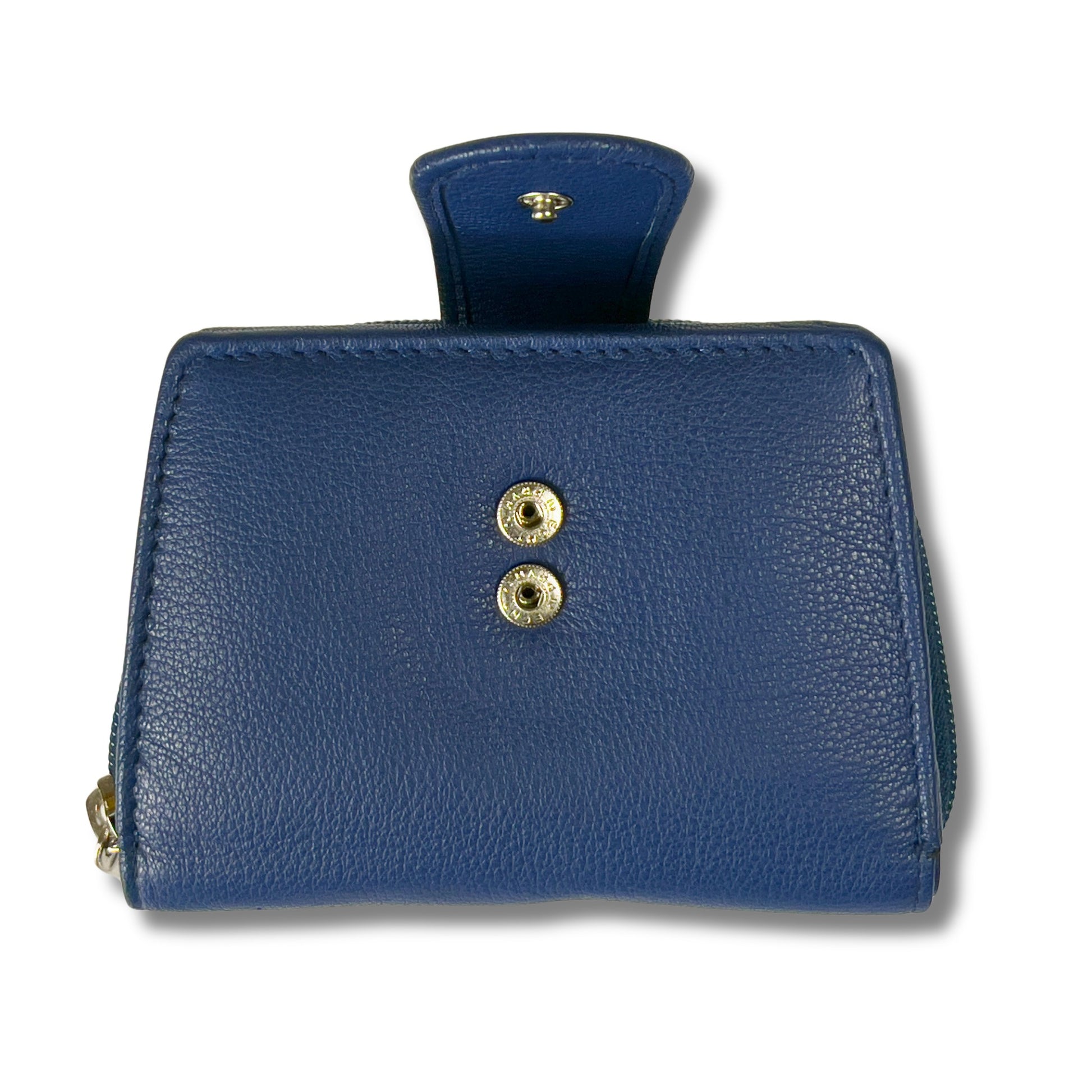 View of a navy blue RFID ladies purse with open poppers and secure closure
