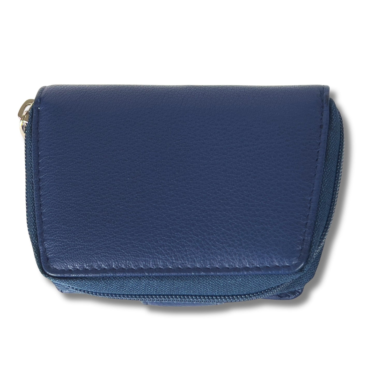 Under view showing the craftsmanship of a navy blue RFID ladies purse