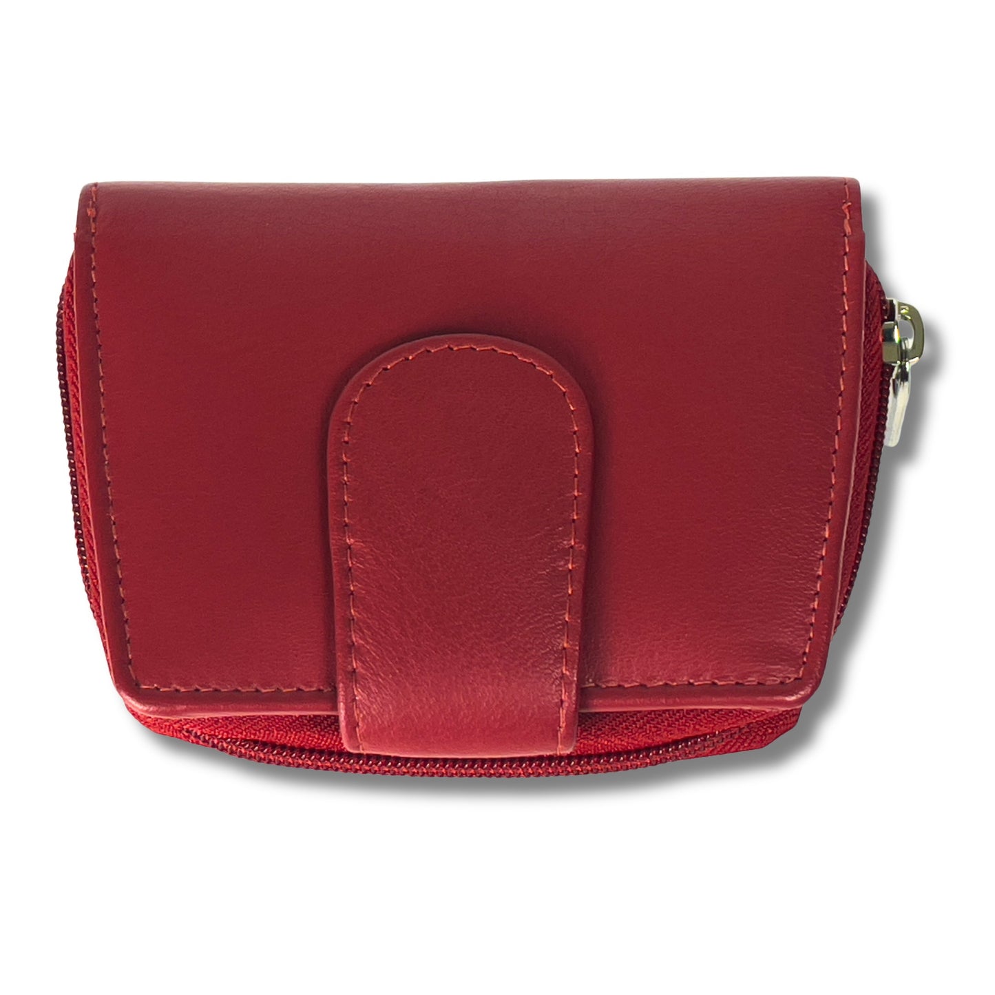 Top view of red soft leather RFID ladies purse with a sleek design