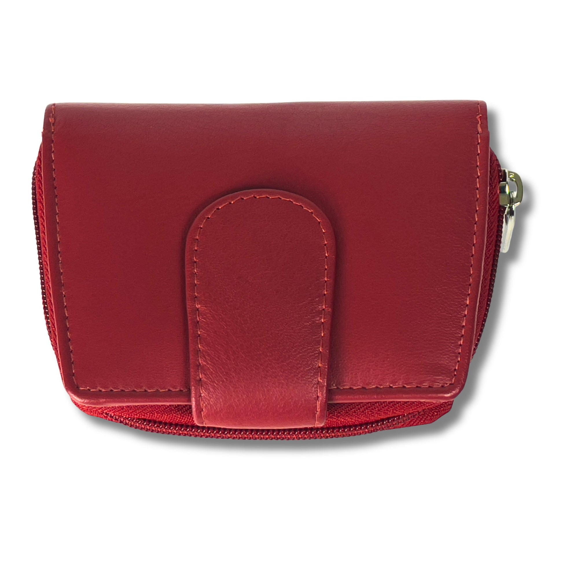 Top view of red soft leather RFID ladies purse with a sleek design