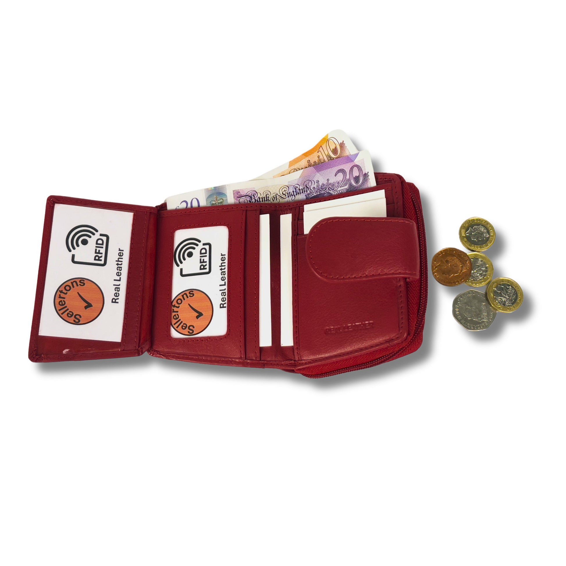 Interior of the red soft Nappa leather ladies purse with multiple compartments