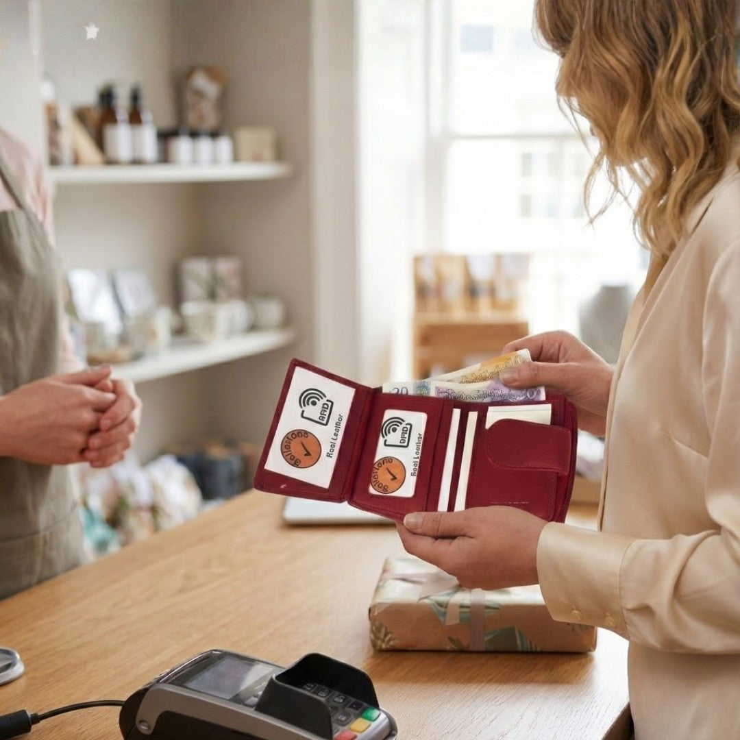 Red soft Nappa leather RFID purse in use when buying items at a shop