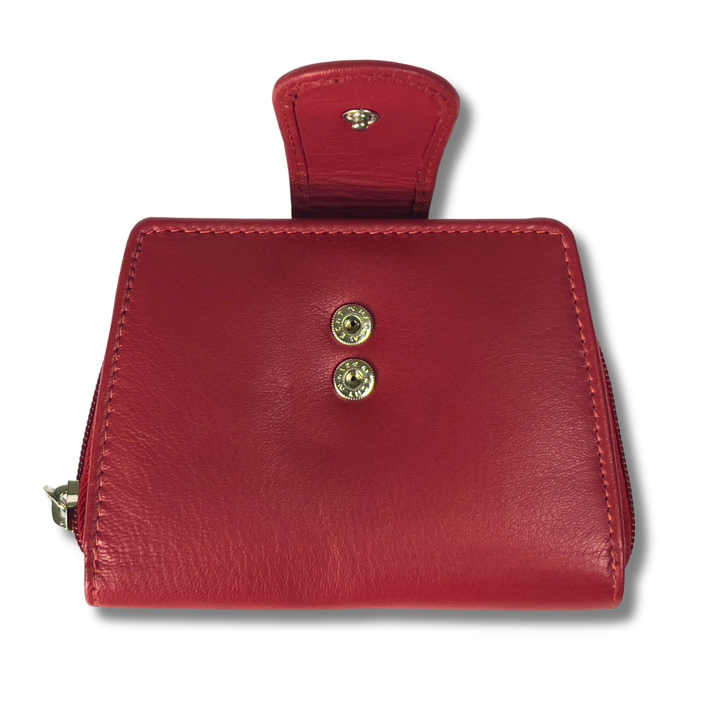 Red soft leather ladies purse open with poppers and RFID blocking