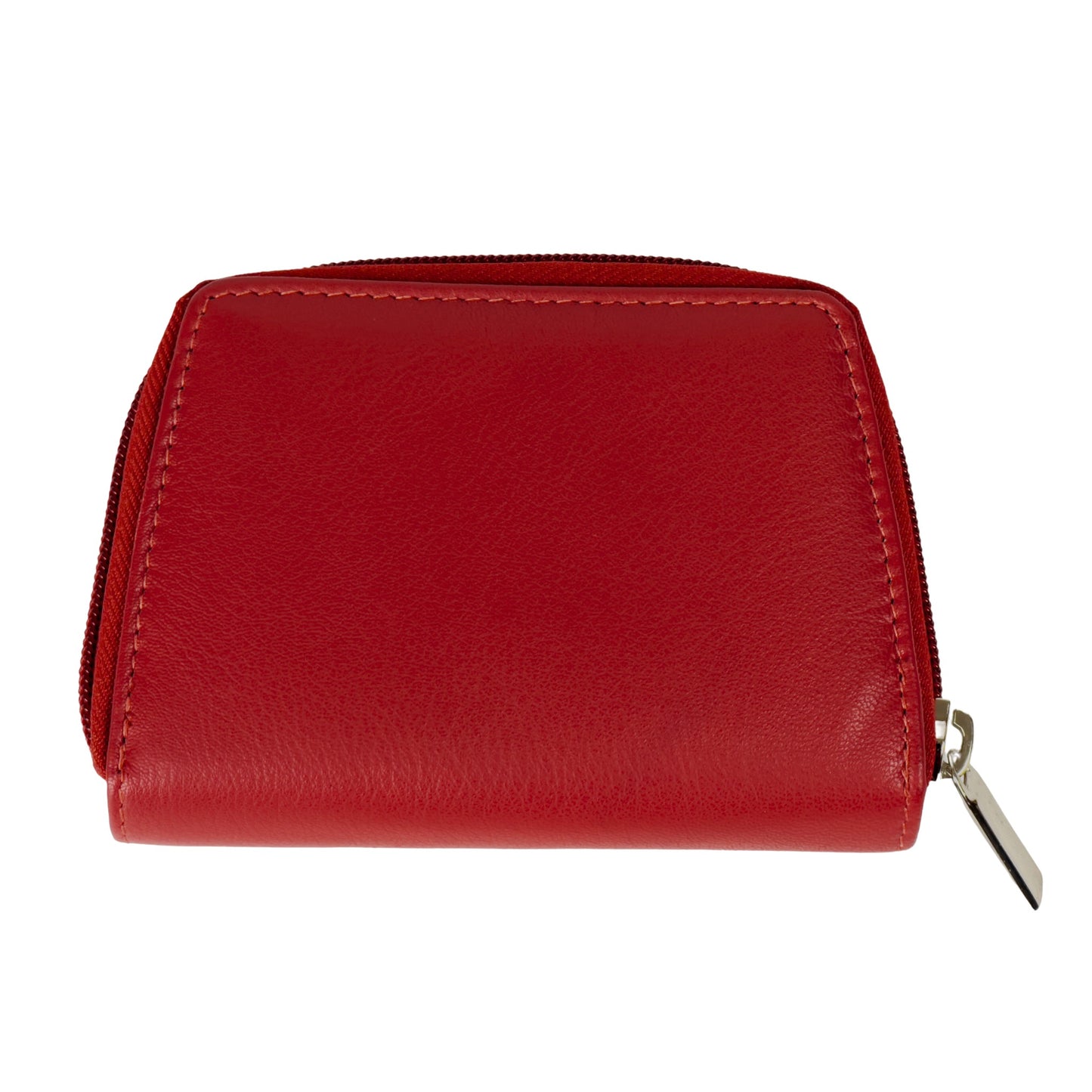 Under view of the red soft leather RFID ladies purse with durable stitching