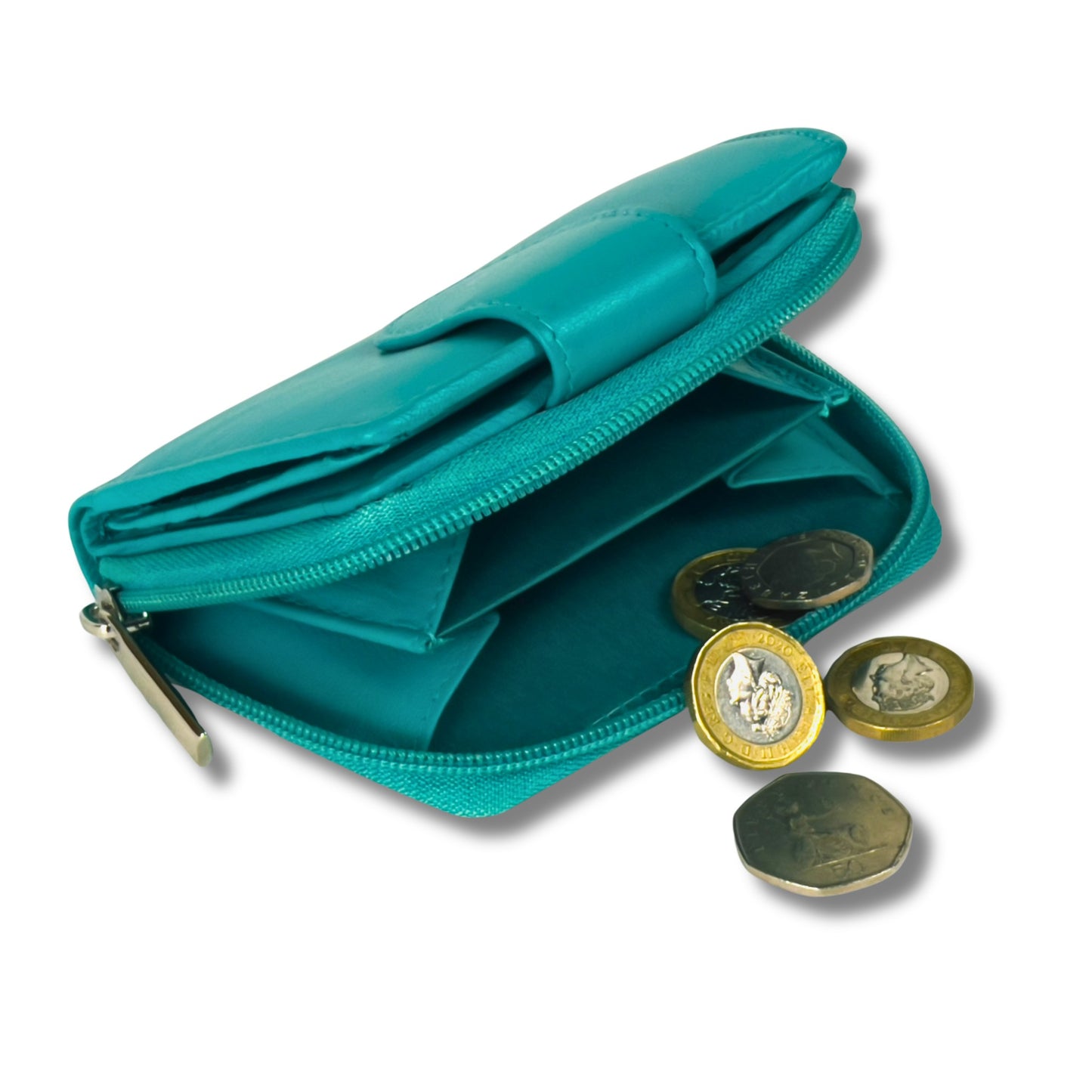 Turquoise soft Nappa leather RFID ladies purse featuring a secure coin pocket