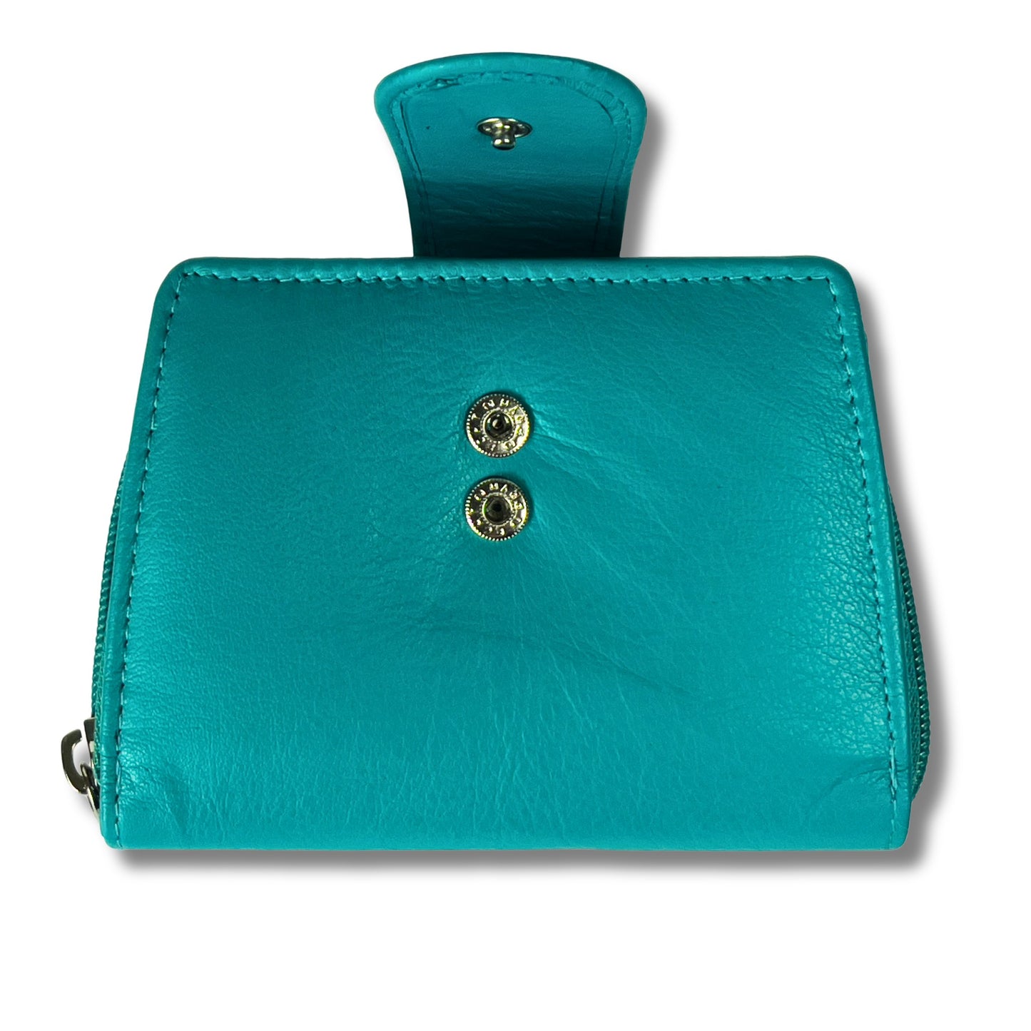Turquoise soft leather ladies purse open with poppers and RFID blocking