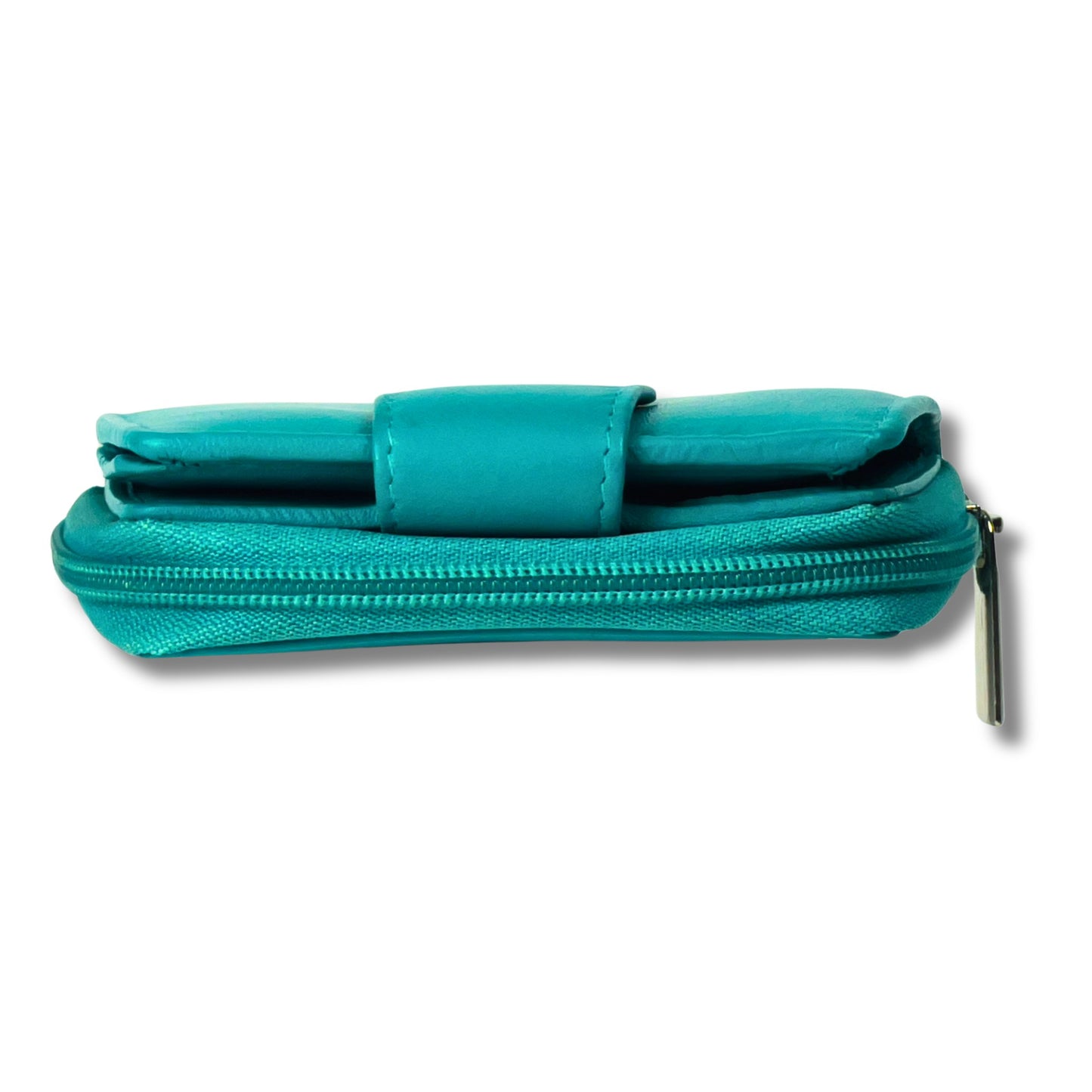 Turquoise soft leather RFID ladies purse side profile showcasing vibrant design
