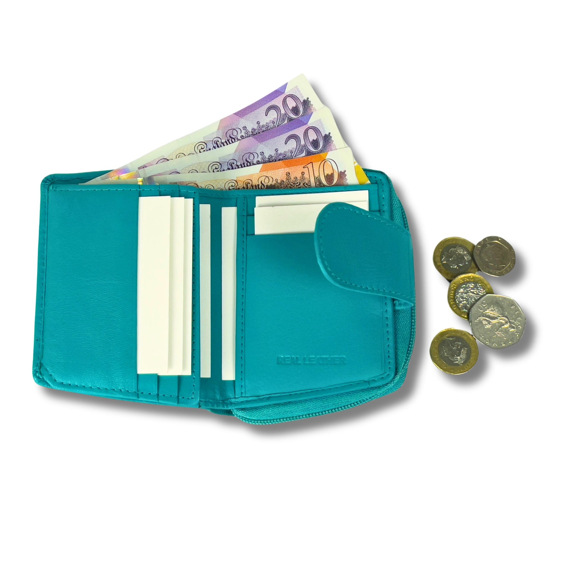 Zip compartment of the turquoise soft Nappa leather ladies RFID purse