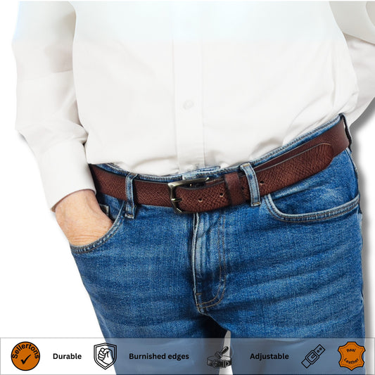 Two-tone brown leather belt styled with jeans, featuring a gunmetal buckle and adjustable fit