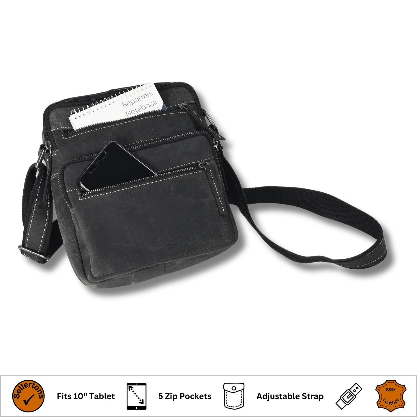 Showcase view of unisex black and grey hunter leather crossbody bag with multiple storage compartments