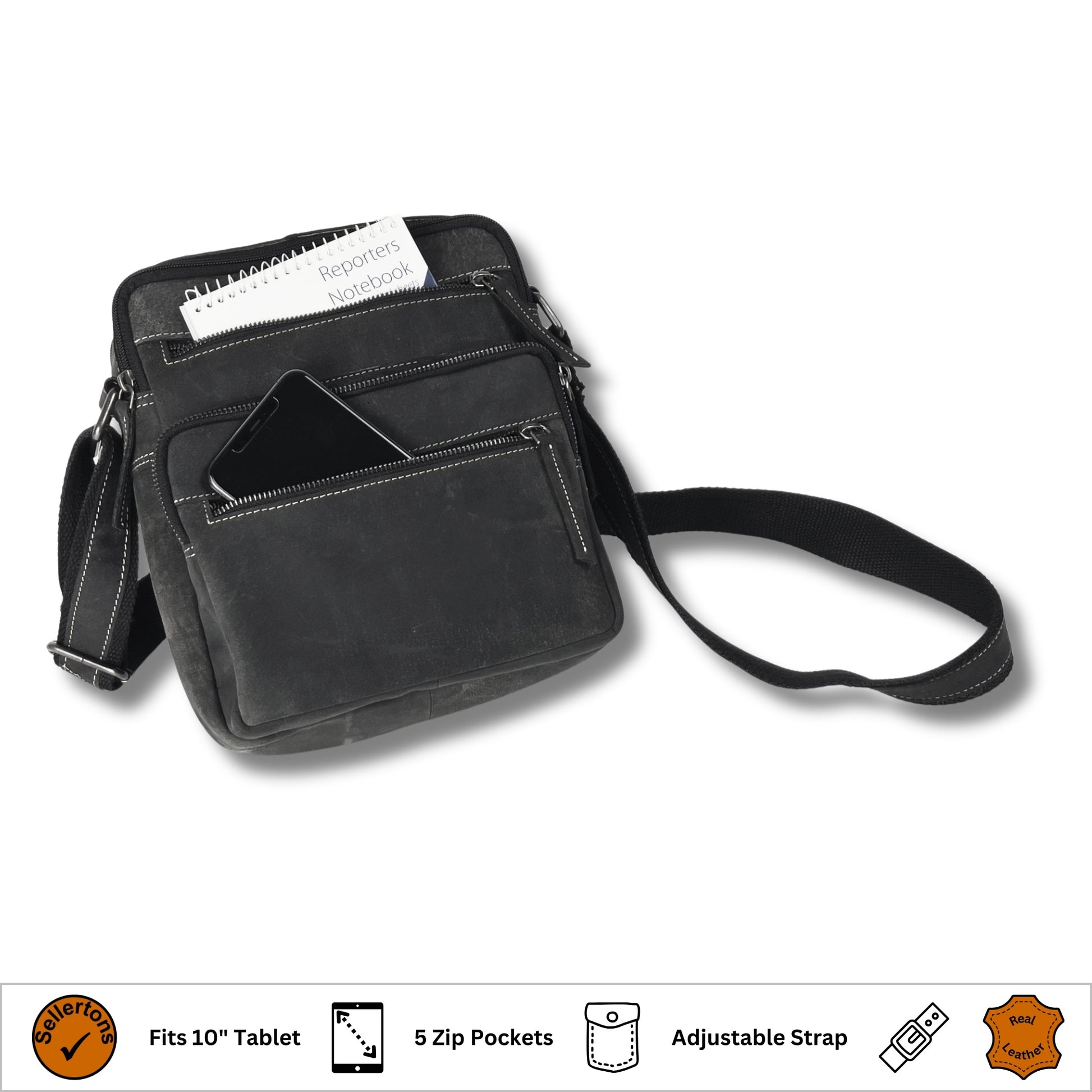 Showcase view of unisex black and grey hunter leather crossbody bag with multiple storage compartments