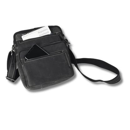 Showcase view of unisex black and grey hunter leather crossbody bag with multiple storage compartments