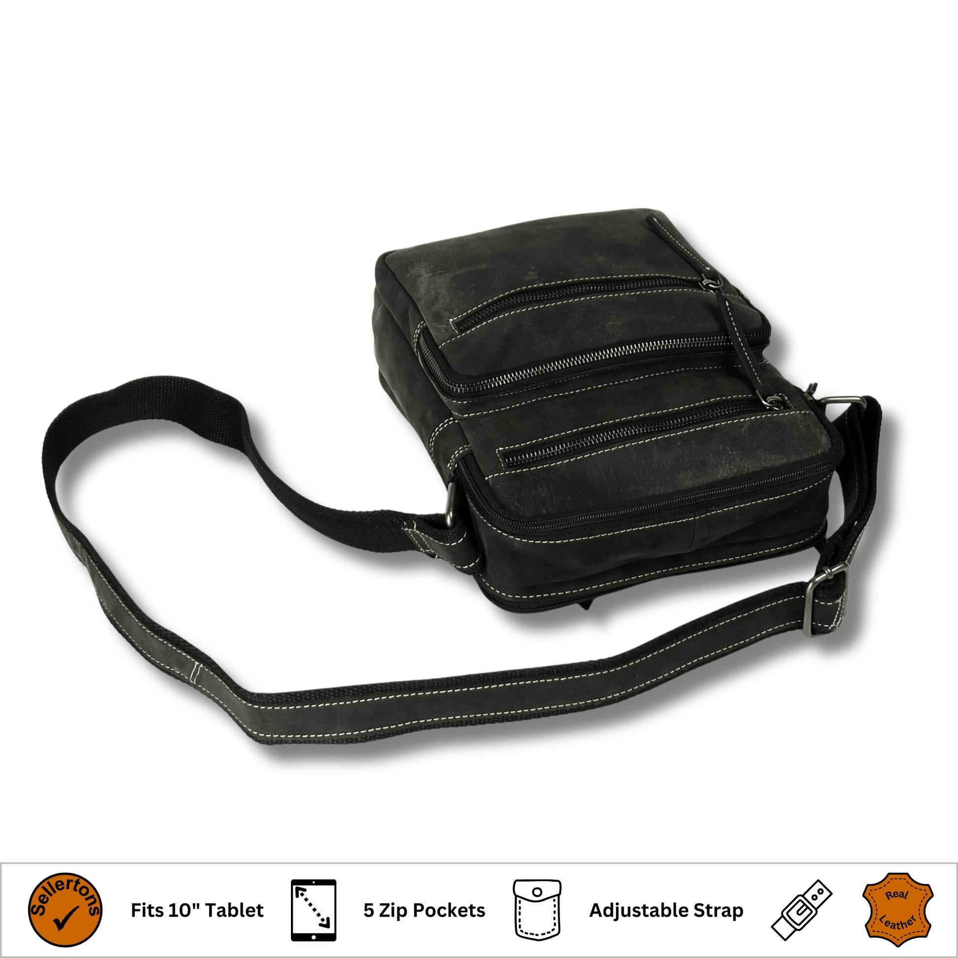 Top view of the hunter leather crossbody bag with secure zip compartments