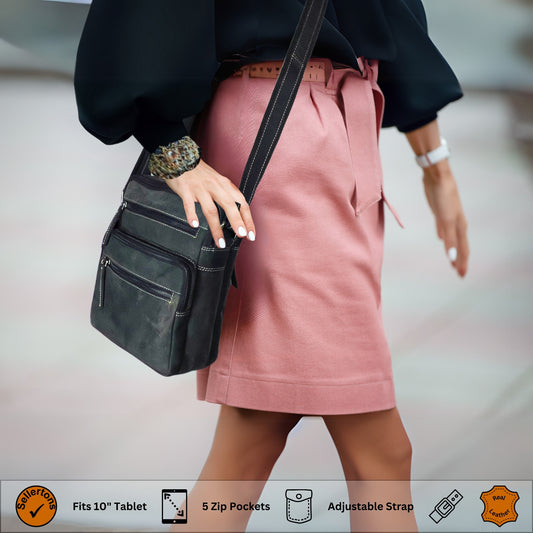 Black and grey hunter leather crossbody bag styled with a casual outfit