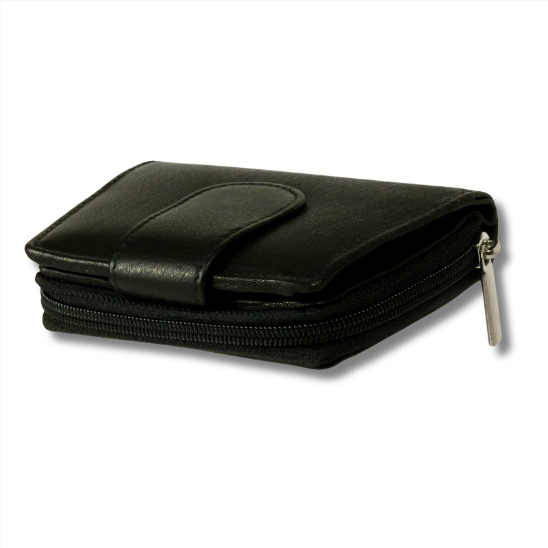 Black leather wallet with a zipper on a white background