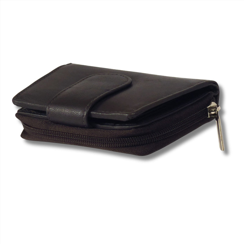 Black leather wallet with a zipper on a white background